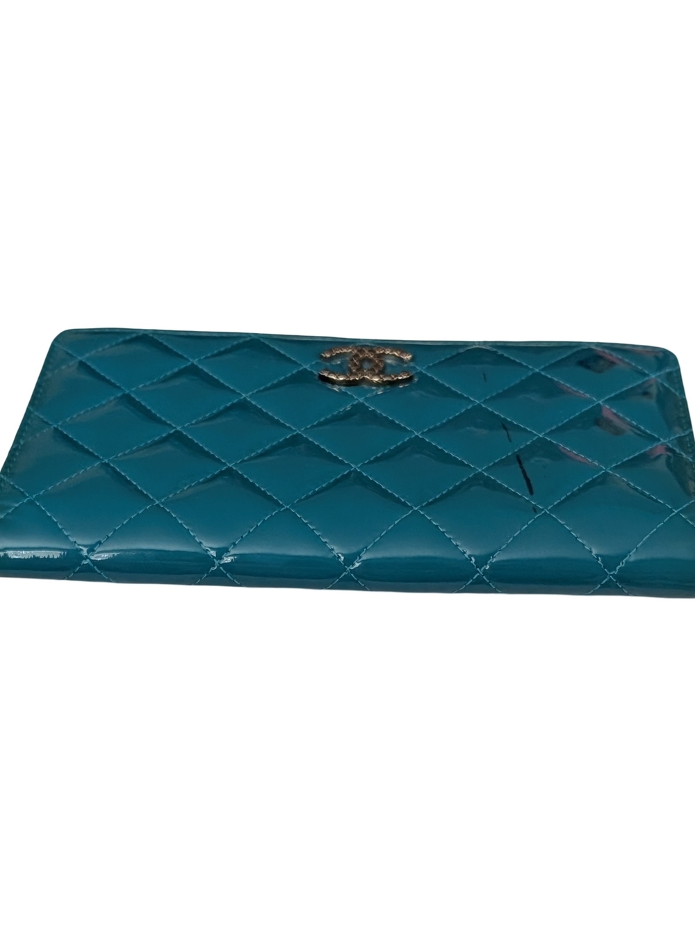 CHANEL Teal Quilted Patent Leather Clutch Silver CC Long Wallet Purse - Picture 6 of 15